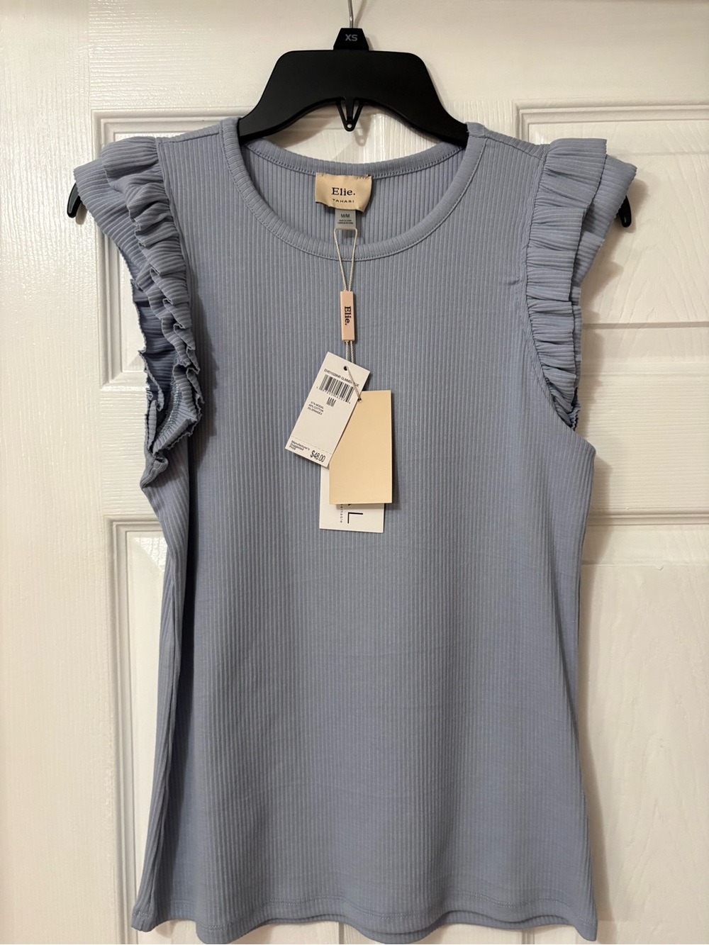Tahari Powder Blue Ribbed Tank with Ruffle Cap Sleeves
